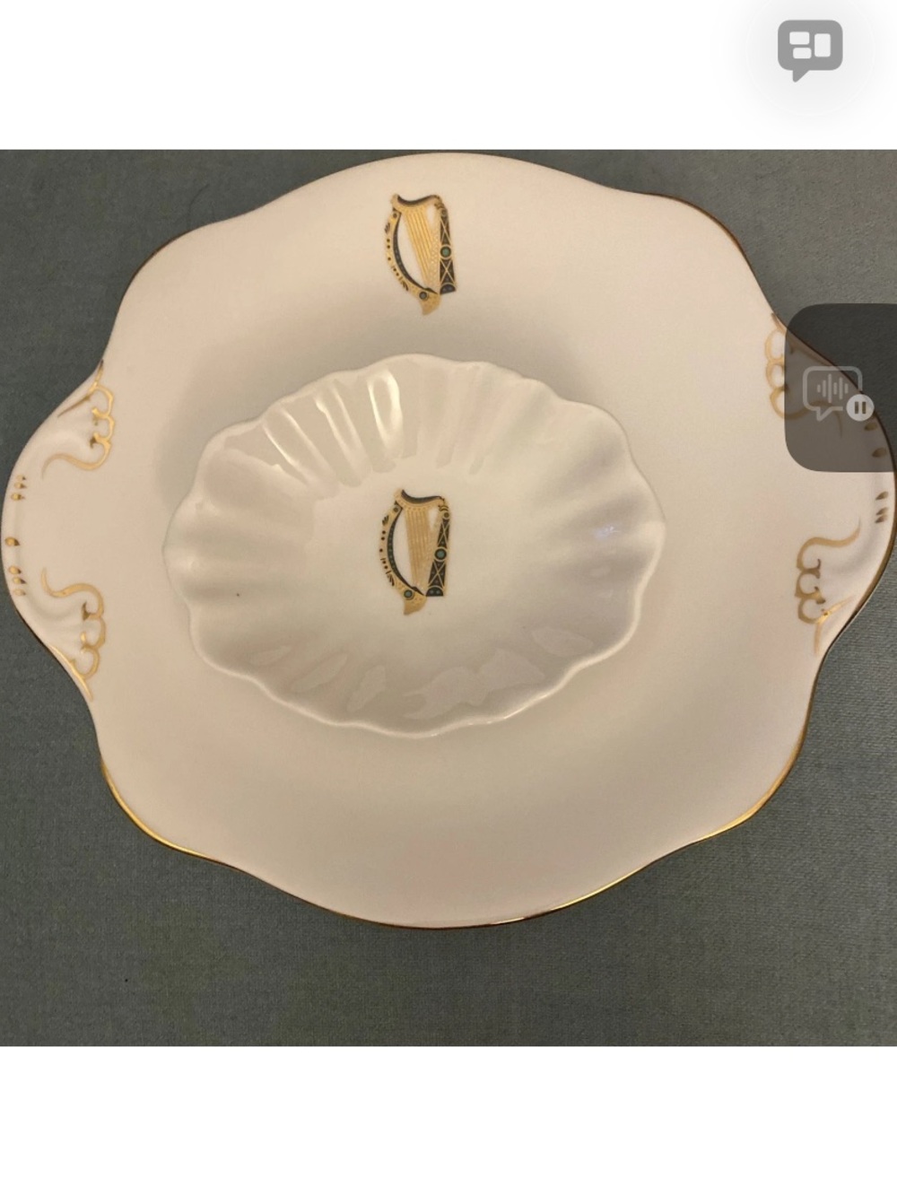 Vintage Royal Tara RTA2 Fine Bone China 10" Platter w/Dip Dish Celtic Harp